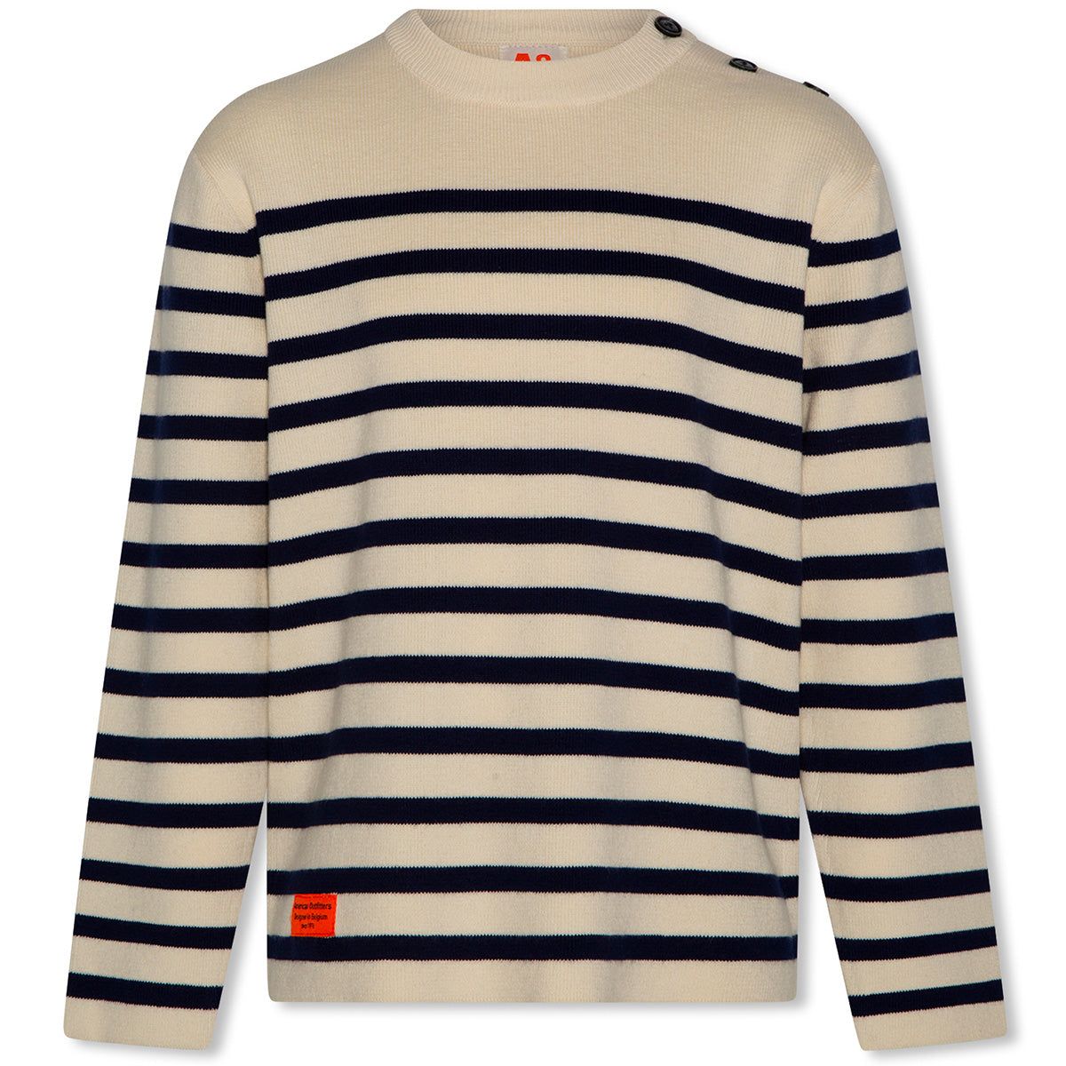 The Jule C Neck Stripe OL by AO76, cream knit sweater with navy stripes, crew neckline, long sleeves, and shoulder buttons.