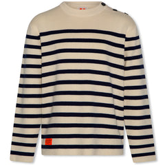 The Jule C Neck Stripe OL by AO76, cream knit sweater with navy stripes, crew neckline, long sleeves, and shoulder buttons.