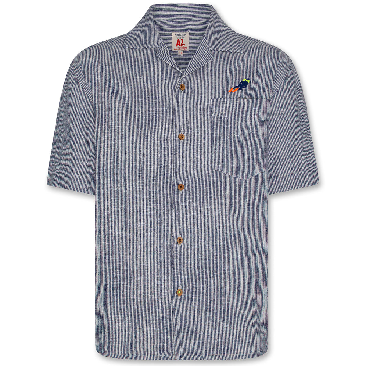 The Hawaiian Shirt Scuba by AO76, blue pinstripe short-sleeve shirt with camp collar, buttons, pocket, and diver embroidery.