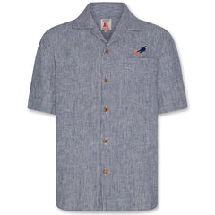 The Hawaiian Shirt Scuba by AO76, blue pinstripe short-sleeve shirt with camp collar, buttons, pocket, and diver embroidery.