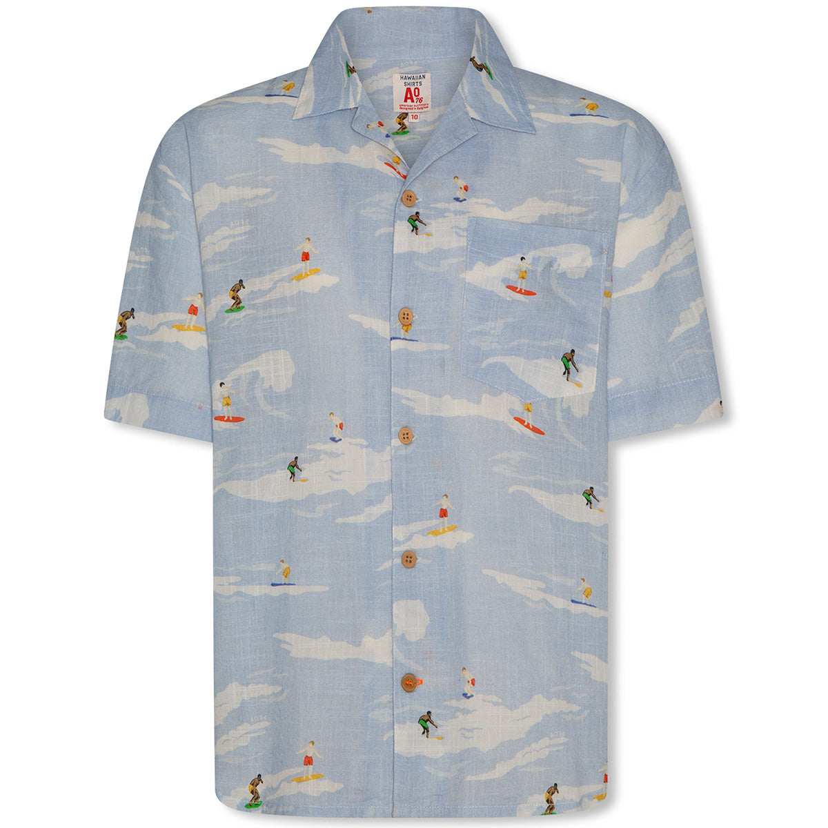 The Hawaiian Shirt Rolls by AO76, light blue short-sleeve shirt with surfers riding waves print, camp collar, button front, and chest pocket.