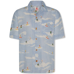 The Hawaiian Shirt Rolls by AO76, light blue short-sleeve shirt with surfers riding waves print, camp collar, button front, and chest pocket.