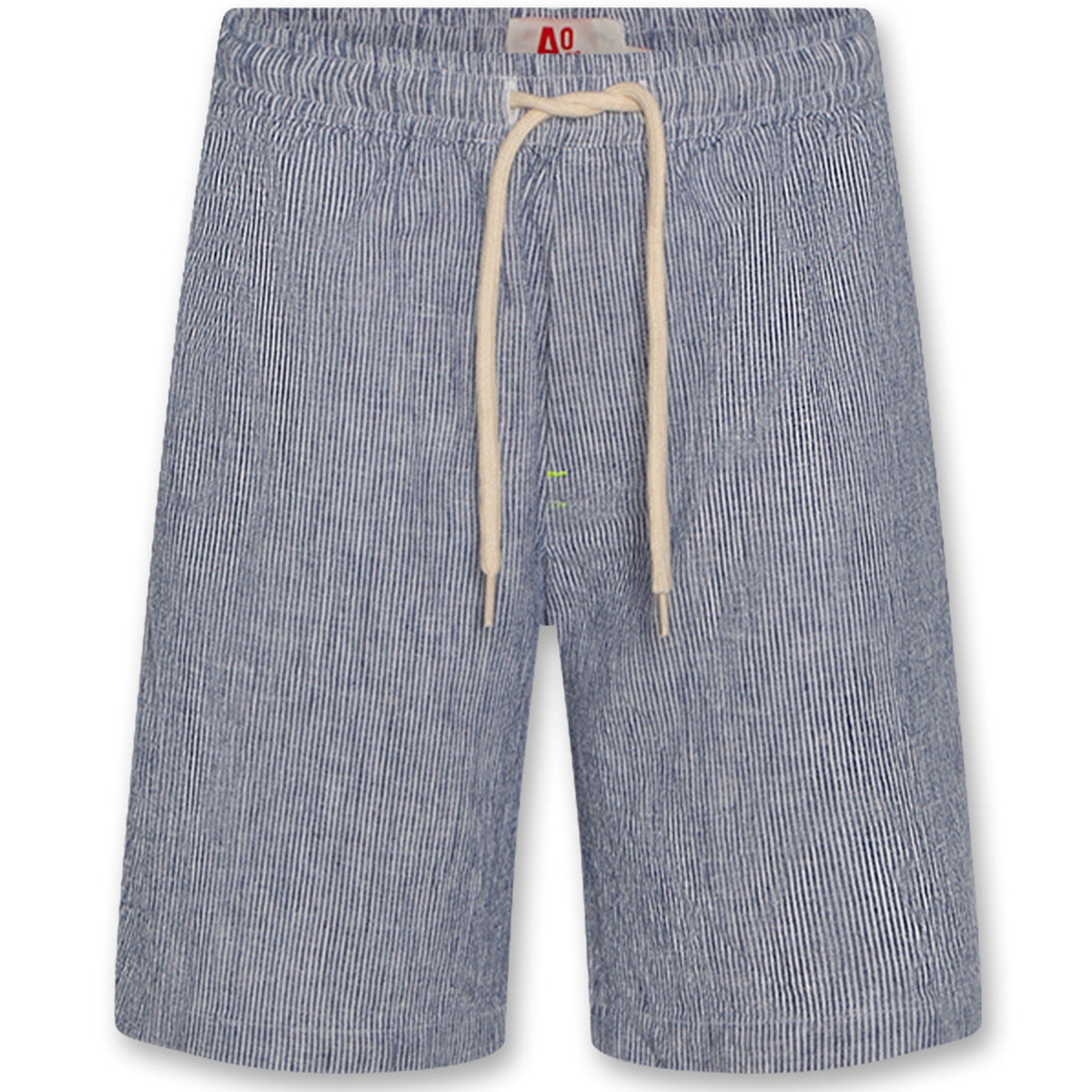 The Lego Shorts Elijah by AO76, blue pinstripe shorts with elastic waistband and cream drawstring, relaxed summer fit.