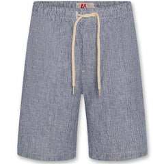 The Lego Shorts Elijah by AO76, blue pinstripe shorts with elastic waistband and cream drawstring, relaxed summer fit.