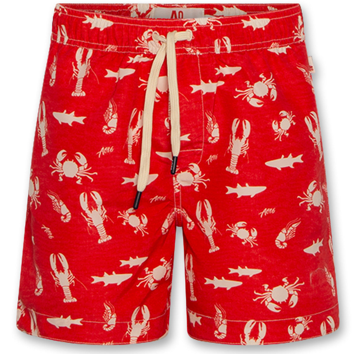 The Toni Swimshorts Sea Life by AO76, red swim shorts with an all-over cream sea life print including crabs, lobsters, and fish, finished with a drawstring waistband.
