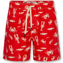 The Toni Swimshorts Sea Life by AO76, red swim shorts with an all-over cream sea life print including crabs, lobsters, and fish, finished with a drawstring waistband.