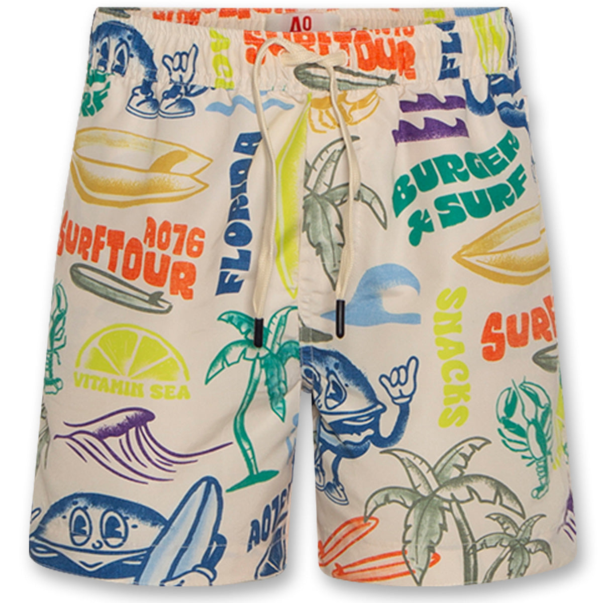 The Toni Swimshorts Burger by AO76, cream swim shorts with colorful surf, burger and palm graphics, elastic waist and drawstring.