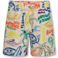 The Toni Swimshorts Burger by AO76, cream swim shorts with colorful surf, burger and palm graphics, elastic waist and drawstring.