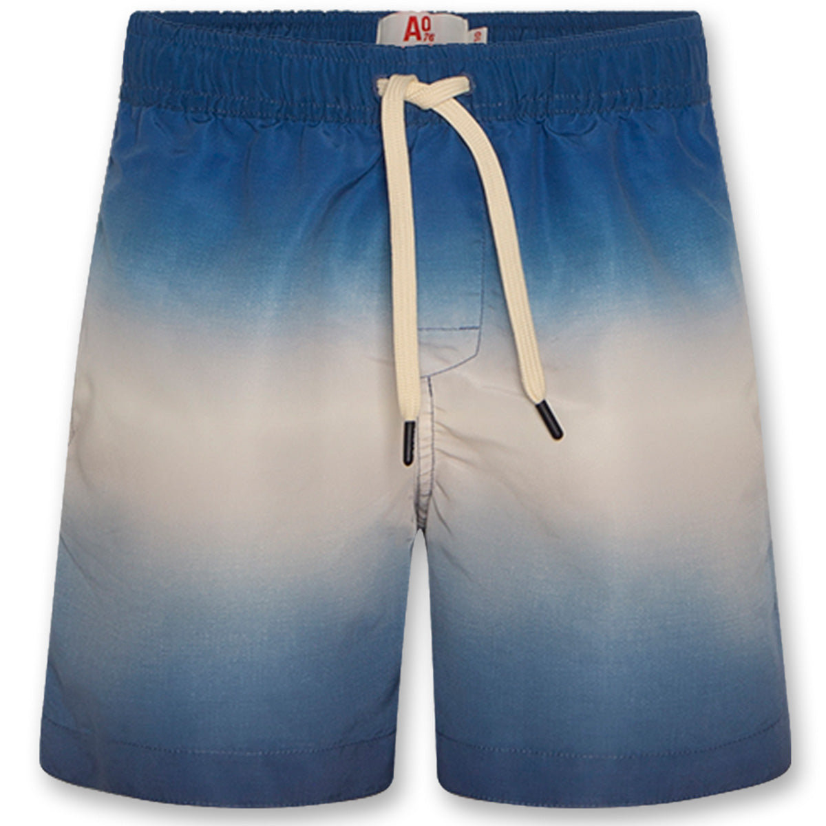 The Toni Swimshorts Dip Dye from AO76. Ombre blue and beige swim shorts with a drawstring on a white background.