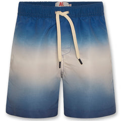 The Toni Swimshorts Dip Dye from AO76. Ombre blue and beige swim shorts with a drawstring on a white background.