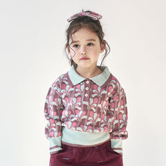 Momohanipopo Vintage Flower Collar Knit Top with pink floral jacquard pattern, mint collar, and matching ribbed cuffs.
