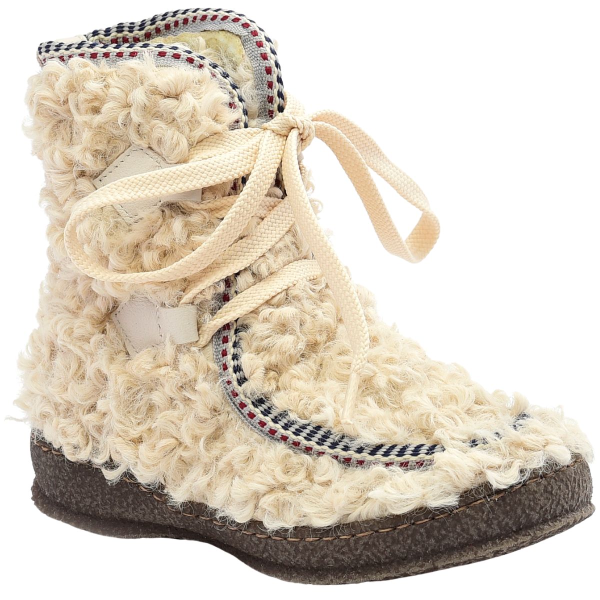 The Joda Beige Boots from Pepe. Beige-colored children’s boot with a curly, wool-like textured, and contrast stitching.