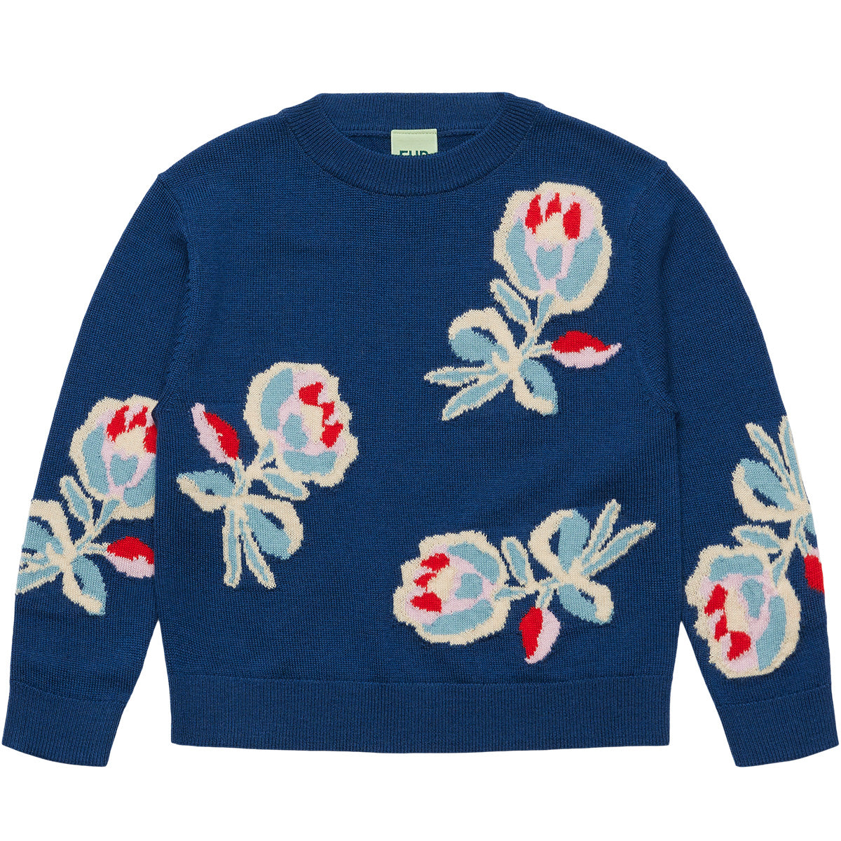 The Jaquard Crew from FUB featuring an all-over floral jacquard knit pattern, round crewneck, and classic ribbed trims.
