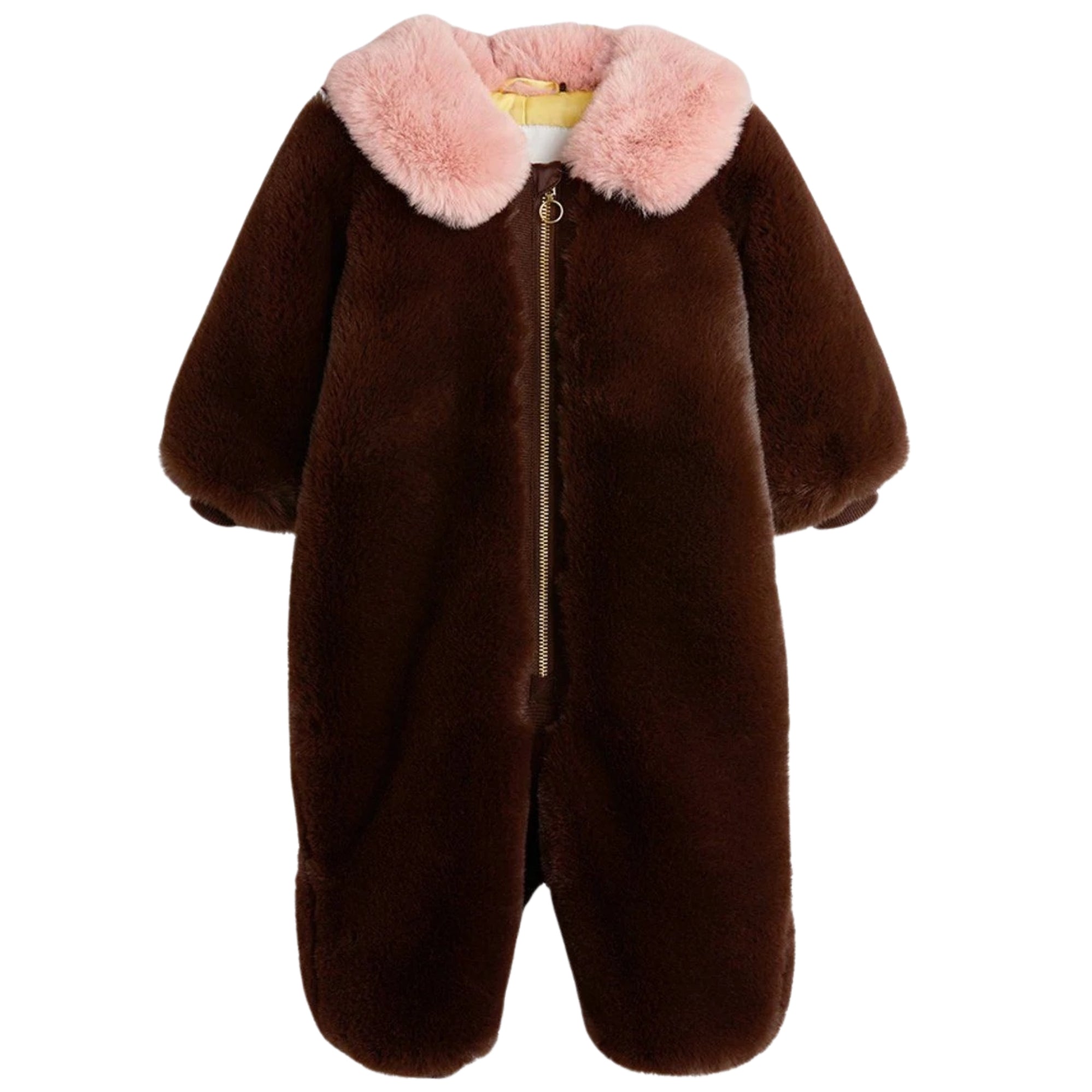 Faux Fur Baby Overall from Mini Rodini, with a contrasting collar. Designed with a full length zip closure with foldover.