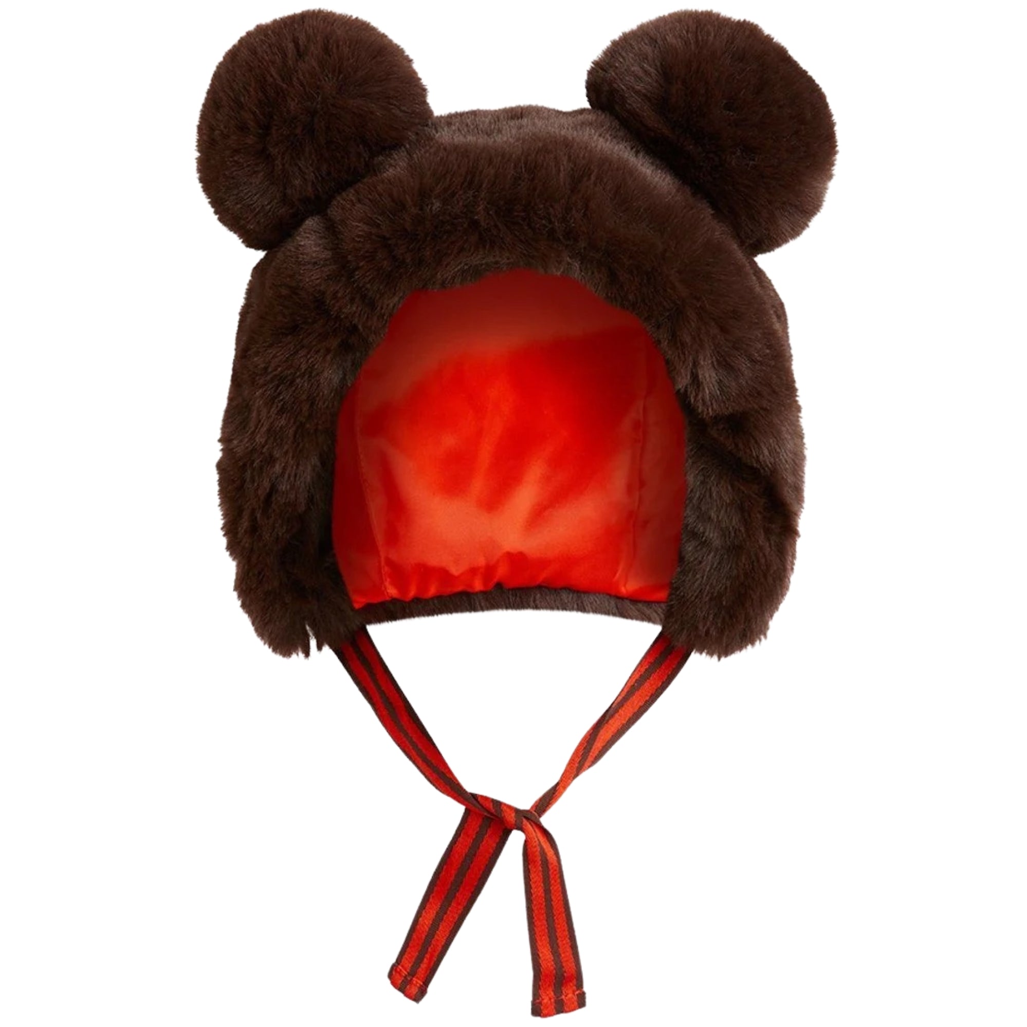 Faux Fur Hat with Ears by Mini Rodini, designed with two pom-poms on top, satin lining and striped straps.