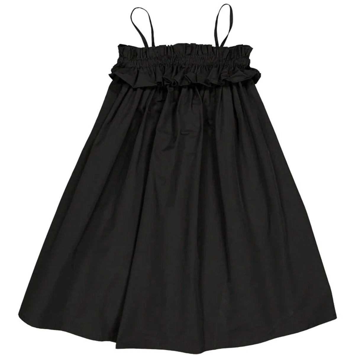 Black Sleeveless Dress by Christina Rohde. Featuring delicate spaghetti straps and a charming ruffled neckline.