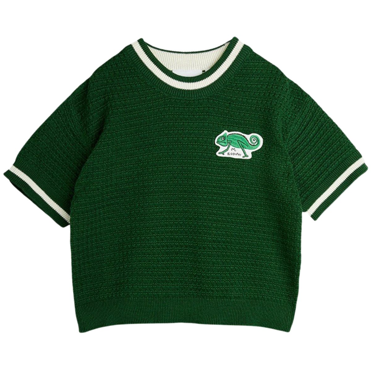 The Lizard Knitted Tee from Mini Rodini. Designed with a round collar and lizard patch in front.