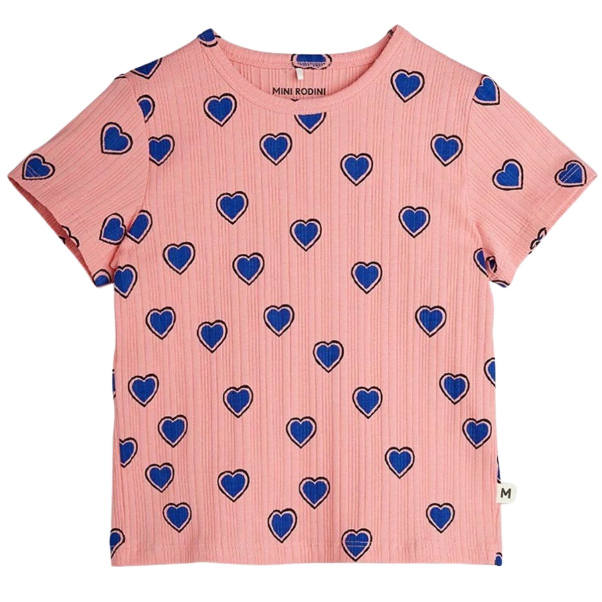The Outlined Hearts Tee from Mini Rodini. All over Outlined heart print, Variegated rib material, Round neck, Snug fit.