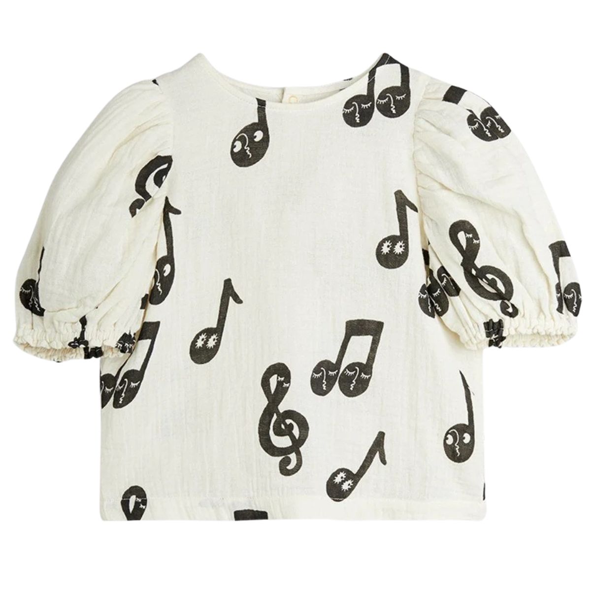 The Note Muslin Blouse from Mini Rodini. Kids blouse in a all over Note pattern with puff sleeves and snap buttons in the back.