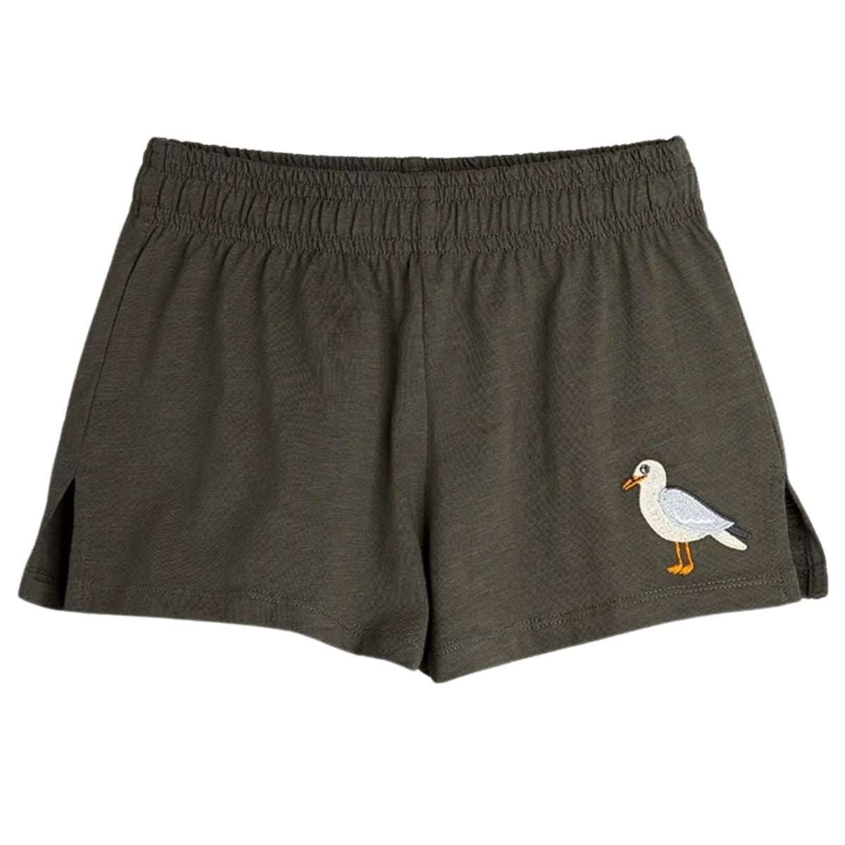 The Seagull Shorts from Mini Rodini. Black shorts with a seagull patch, with a soft elastic waistband.