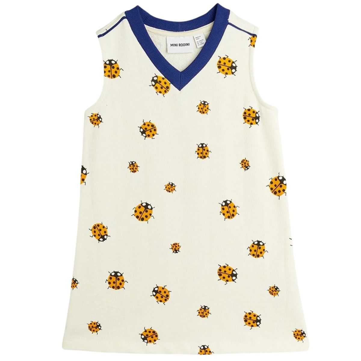 The Ladybug Sweatdress from Mini Rodini. Sweatdress in an all over ladybug print with a contrasting ribbed collar.