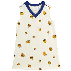 The Ladybug Sweatdress from Mini Rodini. Sweatdress in an all over ladybug print with a contrasting ribbed collar.