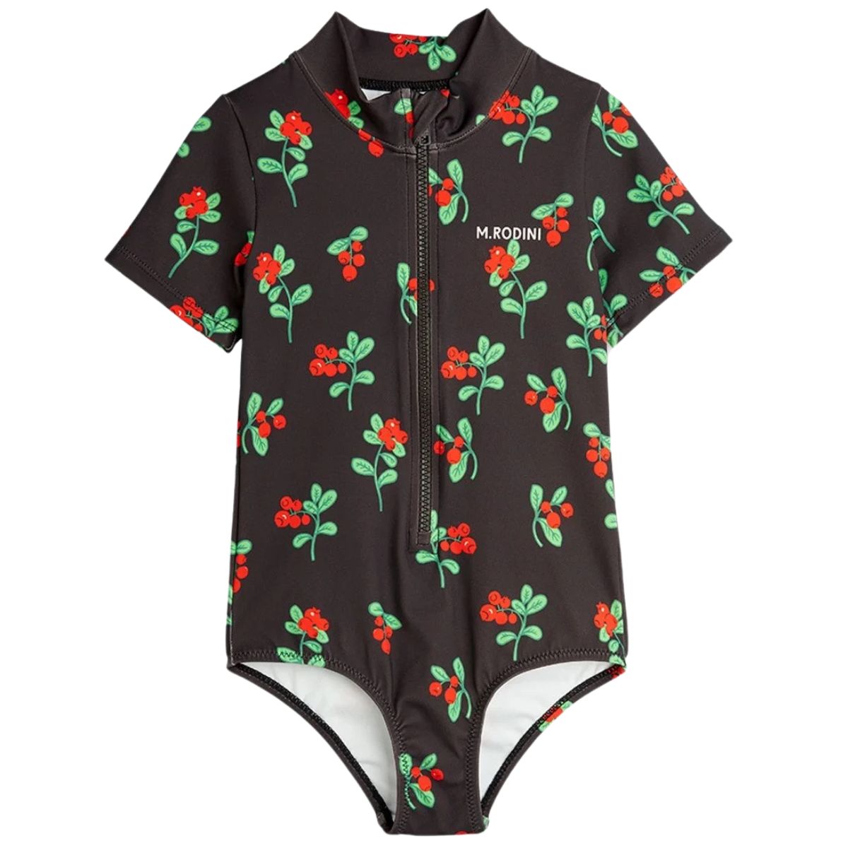 The Lingonberries Short Sleeve Swimsuit from Mini Rodini with a high neck front zip, an all Lingonberries pattern.