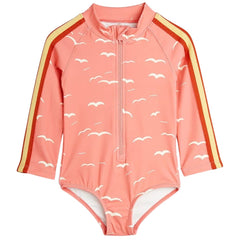 Seagull Long Sleeve Swimsuit by Mini Rodini with a high neck, front zip, an all over seagull pattern, stripe details along the sleeves.