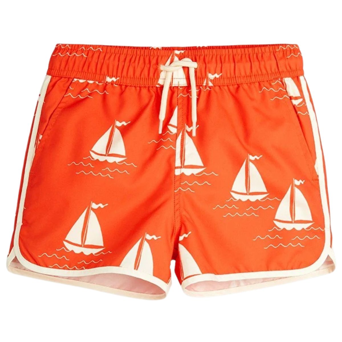 Sailing Boats Swim Shorts by Mini Rodini in an all over sailing boats pattern, with an adjustable drawstring waist.
