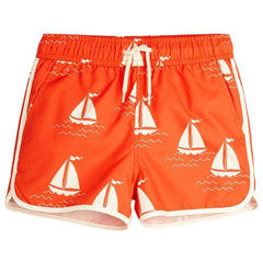 Sailing Boats Swim Shorts by Mini Rodini in an all over sailing boats pattern, with an adjustable drawstring waist.