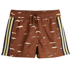 The Seagull Swim Shorts from Mini Rodini in an all over seagull pattern, designed with an adjustable drawstring waist.
