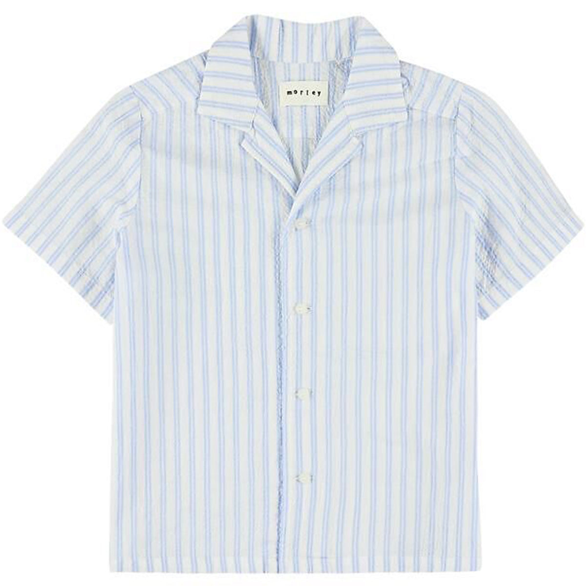 White short-sleeve shirt with thin blue stripes, relaxed collar, button front and lightweight airy fit.
