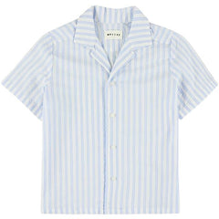 White short-sleeve shirt with thin blue stripes, relaxed collar, button front and lightweight airy fit.