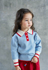 Momohanipopo Bluegrey Collar Knit Top with off-white collar, red button placket, and stripe-trimmed ribbed cuffs.