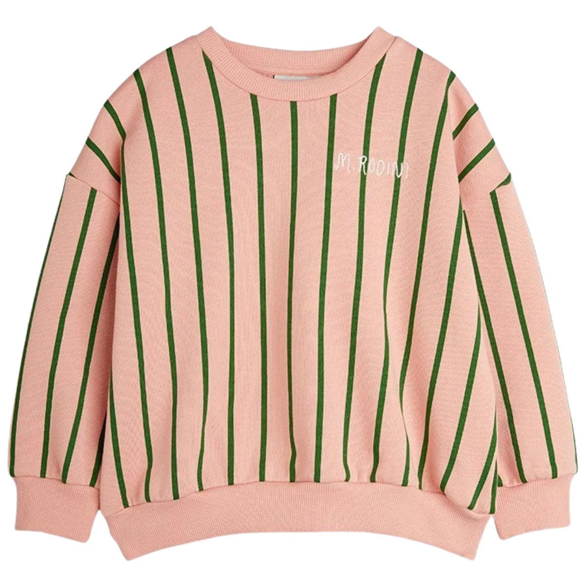 The Vertical Stripe Sweatshirt from Mini Rodini. Sweatshirt with a M.Rodini patch on the chest, and  dropped shoulders.