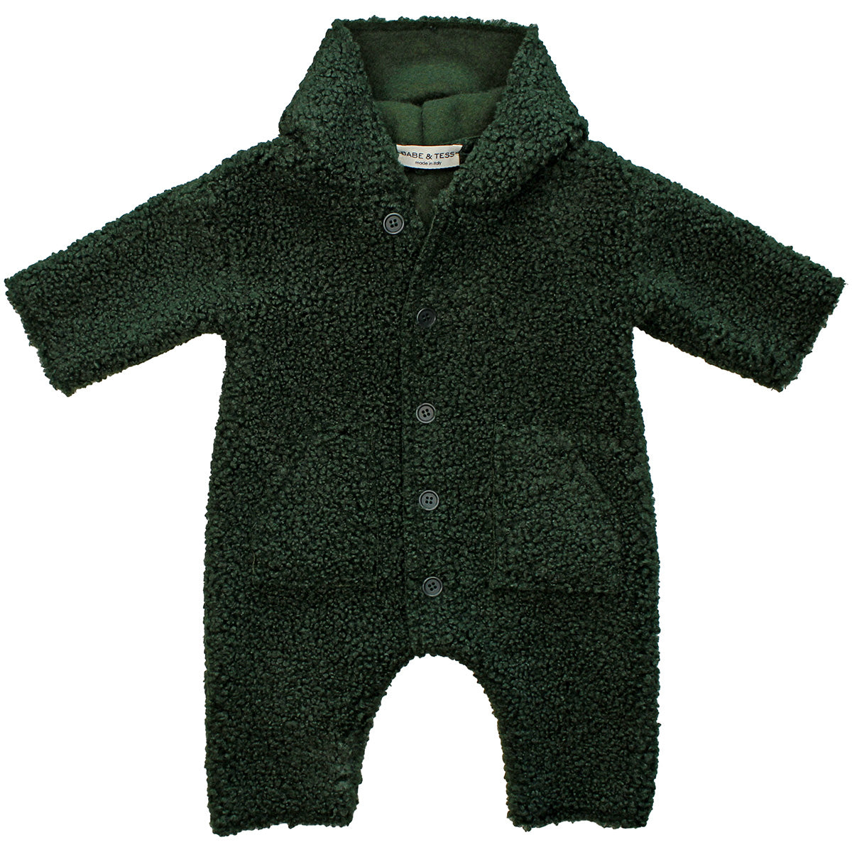 Babe & Tess The Teddy Winter Jumpsuit teddy fleece romper with hood, short sleeves and buttons