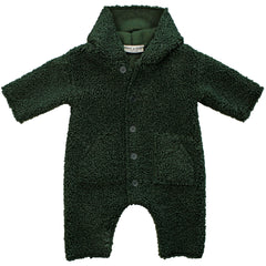 Babe & Tess The Teddy Winter Jumpsuit teddy fleece romper with hood, short sleeves and buttons