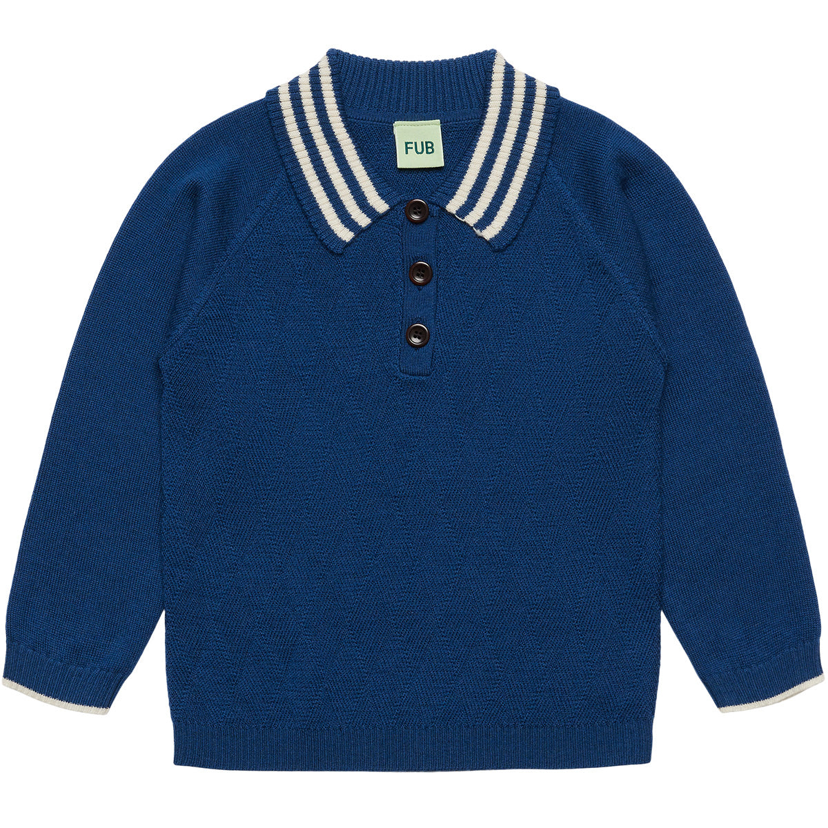 The Harlekin Polo from FUB featuring a textured harlequin knit pattern, striped flat collar, and corozo nut buttons.