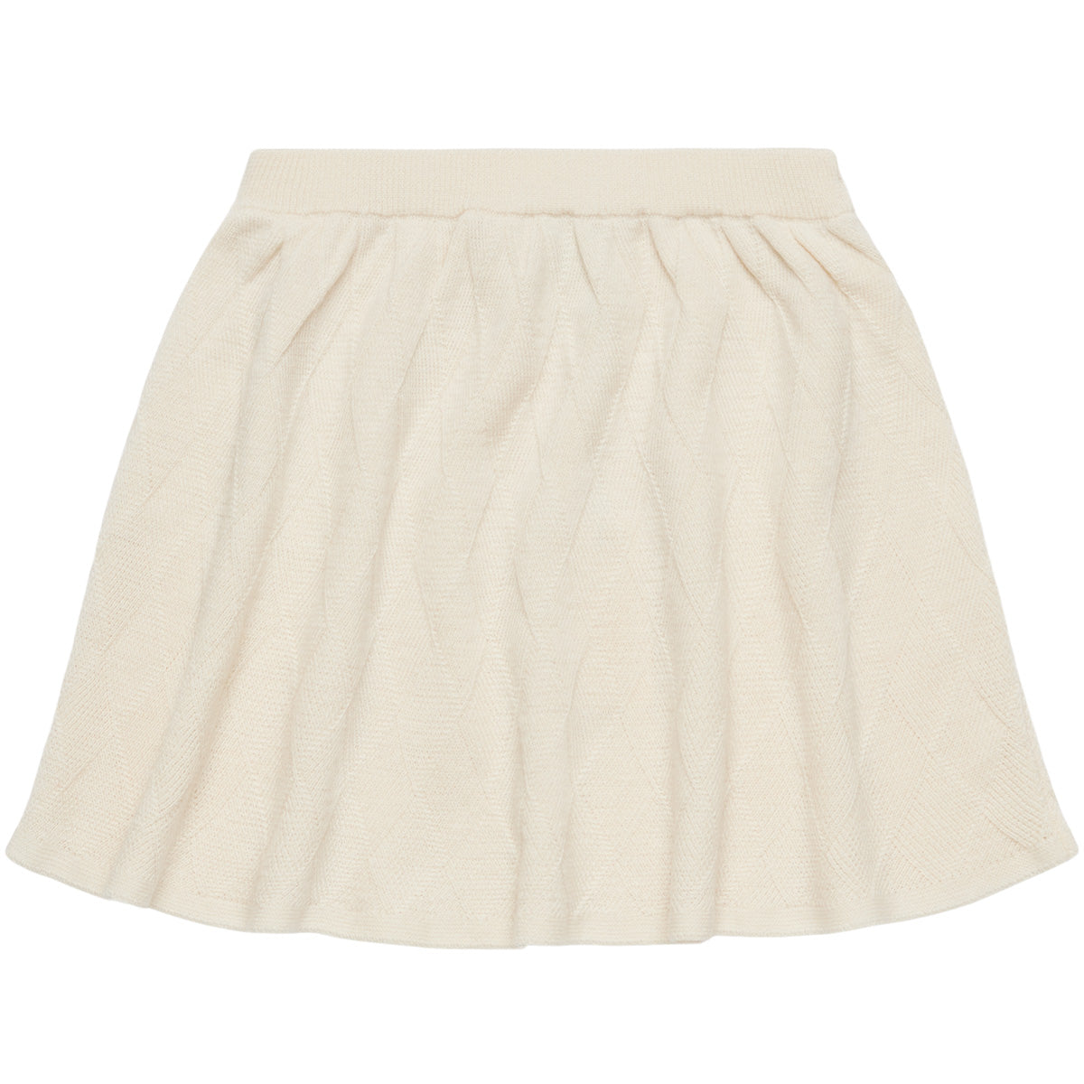 The Harlekin Skirt from FUB featuring a harlequin structured pattern, wide elastic waistband, and gentle flared fit.