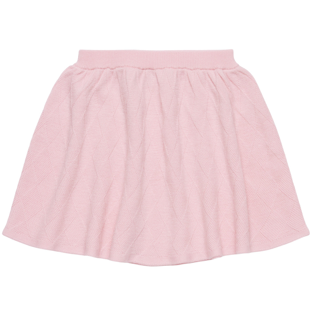 The Harlekin Skirt from FUB featuring a geometric harlequin knit pattern and a wide elasticated waistband silhouette.
