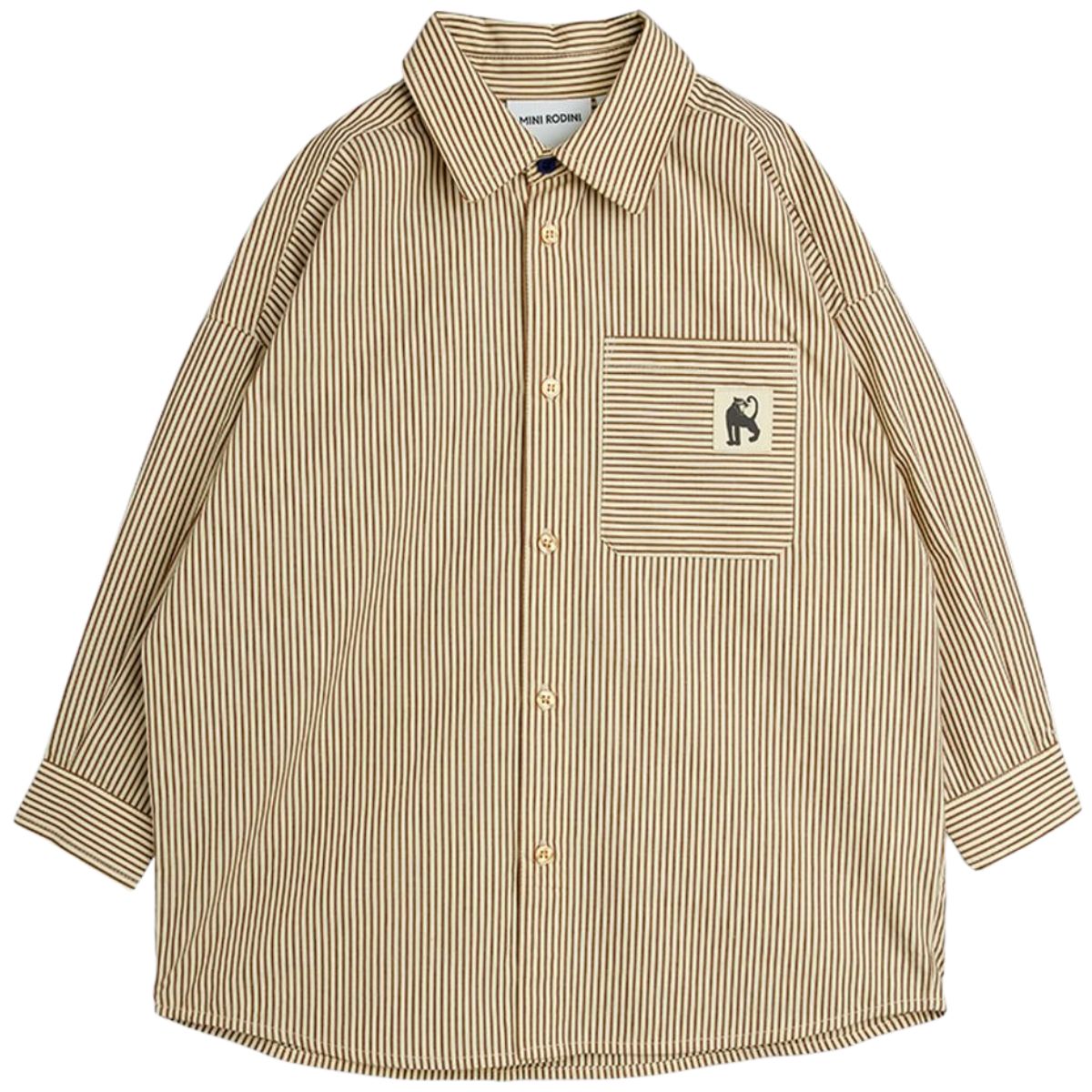 The Poplin Woven Shirt from Mini Rodini, striped poplin button-up shirt with chest pocket and cat logo.