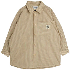 The Poplin Woven Shirt from Mini Rodini, striped poplin button-up shirt with chest pocket and cat logo.