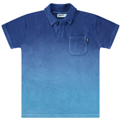 The Randel Tee from Molo. Blue and navy T-shirt in organic cotton terry with short sleeves and a collar.