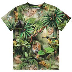 Ralphie Tee from Molo. Fitted t-shirt featuring an all-over print of a lush green jungle with many animals.