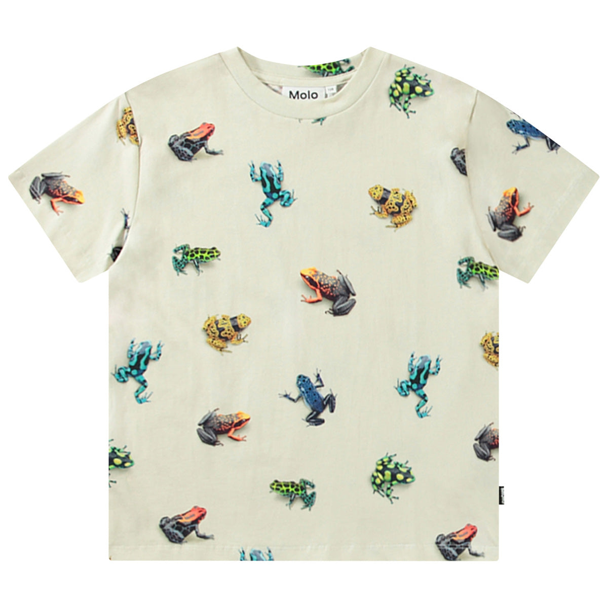 The Roxo Tee from Molo. A vibrant beige T-shirt featuring an all-over print of colorful and detailed frogs in various poses