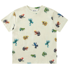 The Roxo Tee from Molo. A vibrant beige T-shirt featuring an all-over print of colorful and detailed frogs in various poses