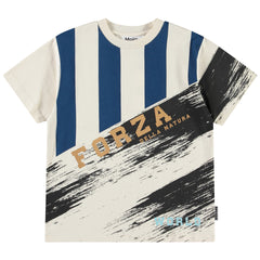 Rodney Tee from Molo. A stylish cream T-shirt with bold blue vertical stripes and an abstract black brushstroke design.