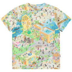 The Riley Tee from Molo. A colorful T-shirt featuring a lively beach-themed cityscape design.
