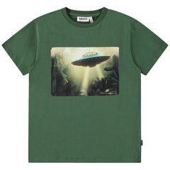 The Riley Tee from Molo. Classic green T-shirt featuring a captivating UFO print.