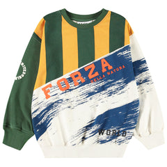 The Monti Sweatshirt from Molo. Color-block sweatshirt featuring bold graphic prints and "Forza Della Natura" text.